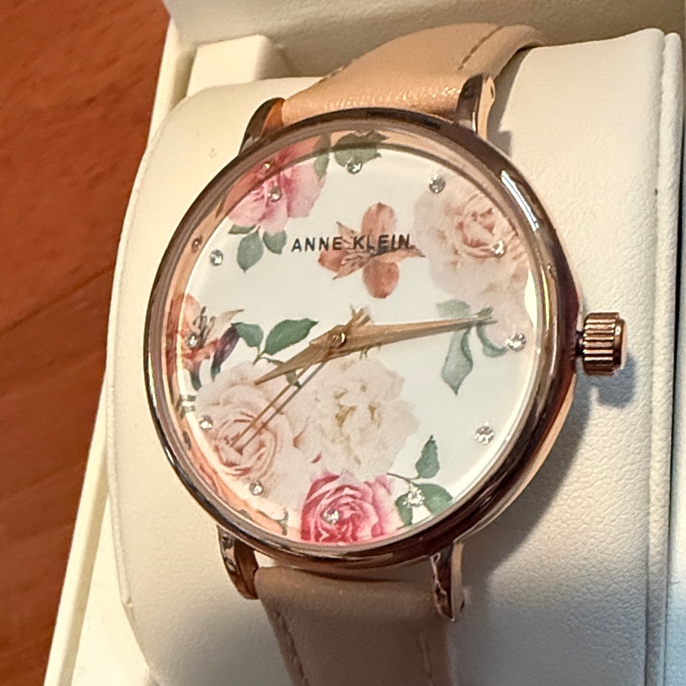 Anne Klein Floral Rose Gold Watch with Cream Strap